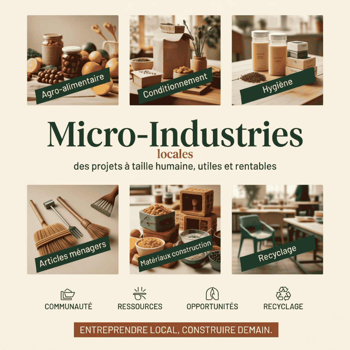 Micro-industries locales : agro-alimentaire, conditionnement, hygiène, articles ménagers, matériaux construction et recyclage
